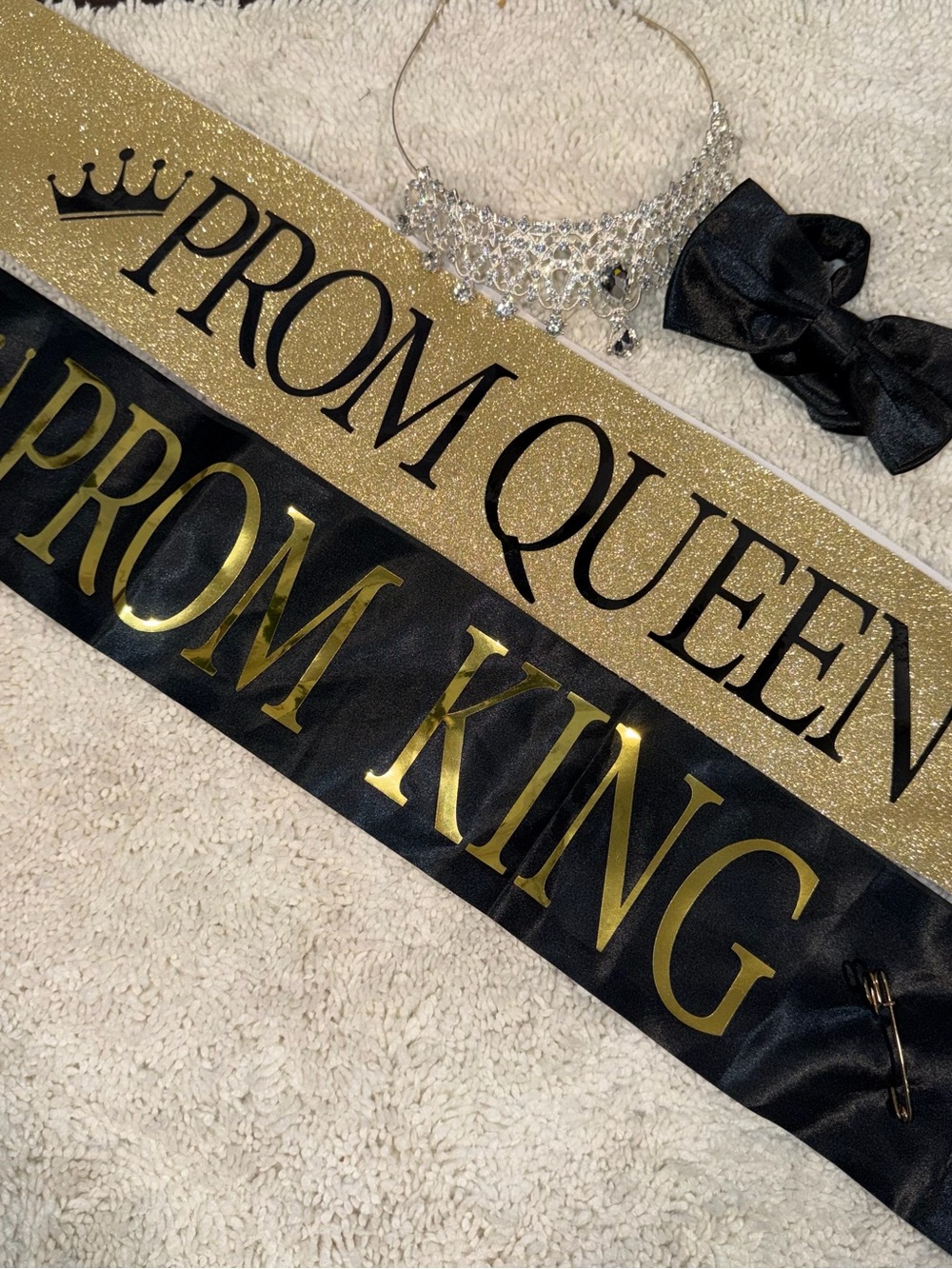 Prom Queen and Prom King Sashes with Black Bow and Silver Tiara